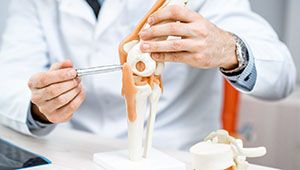 Pain management doctor pointing to model of knee
