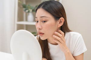 Woman checking face in mirror for sun damage